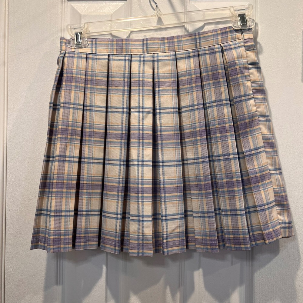 Cali 1850 Los Angeles Pastel Plaid Pleated Mini Skirt Blue Purple Cream Size M